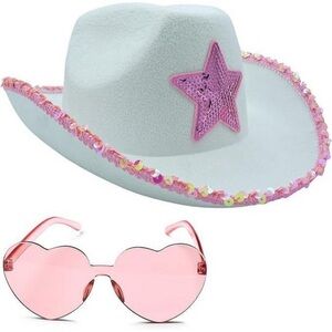 White Cowboy Hat with Pink Star and Heart Sunglasses NWOT